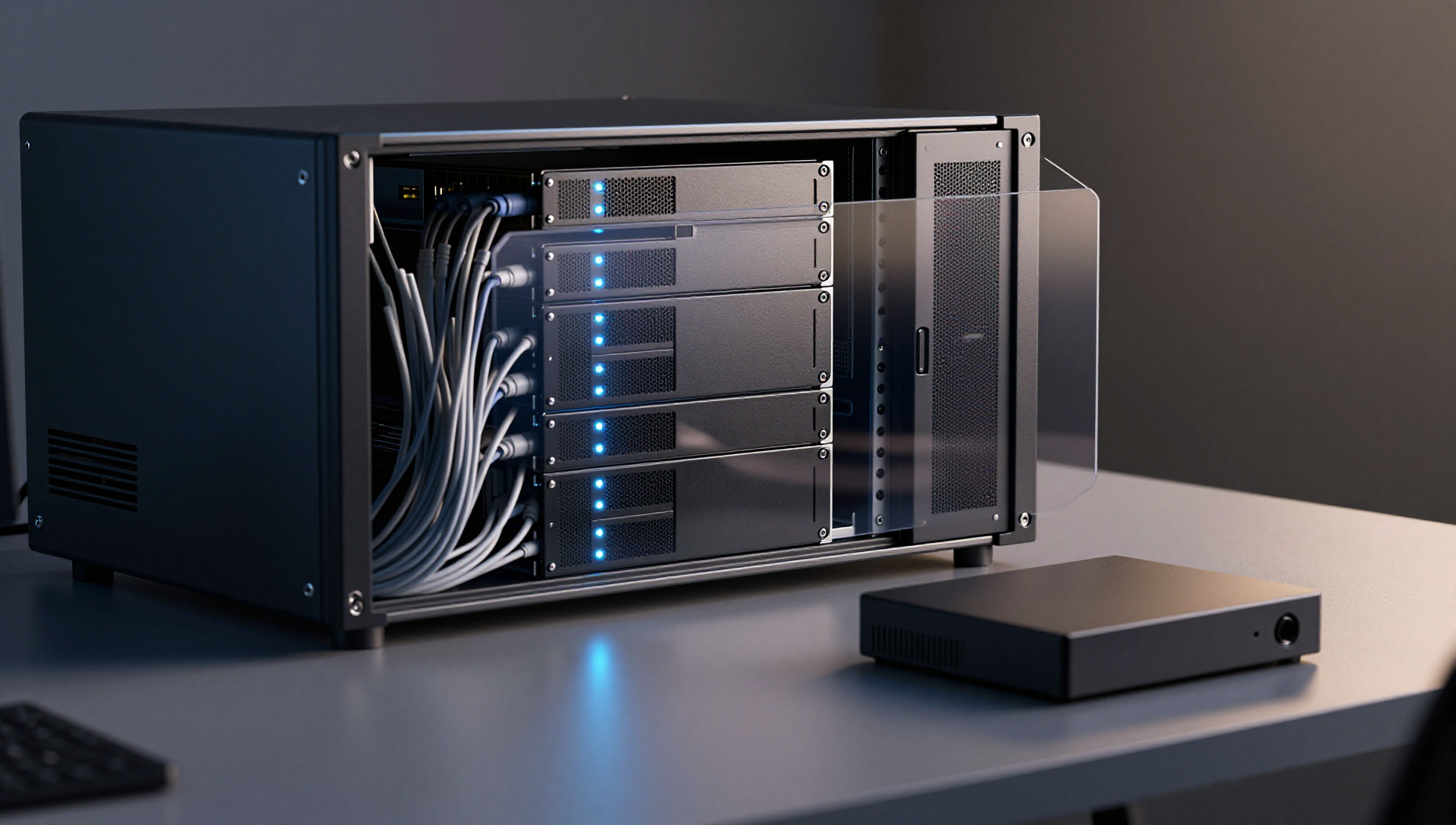 Quiet homelab rack with server, storage drives, cables, firewall, backup drive, soft cinematic lighting.