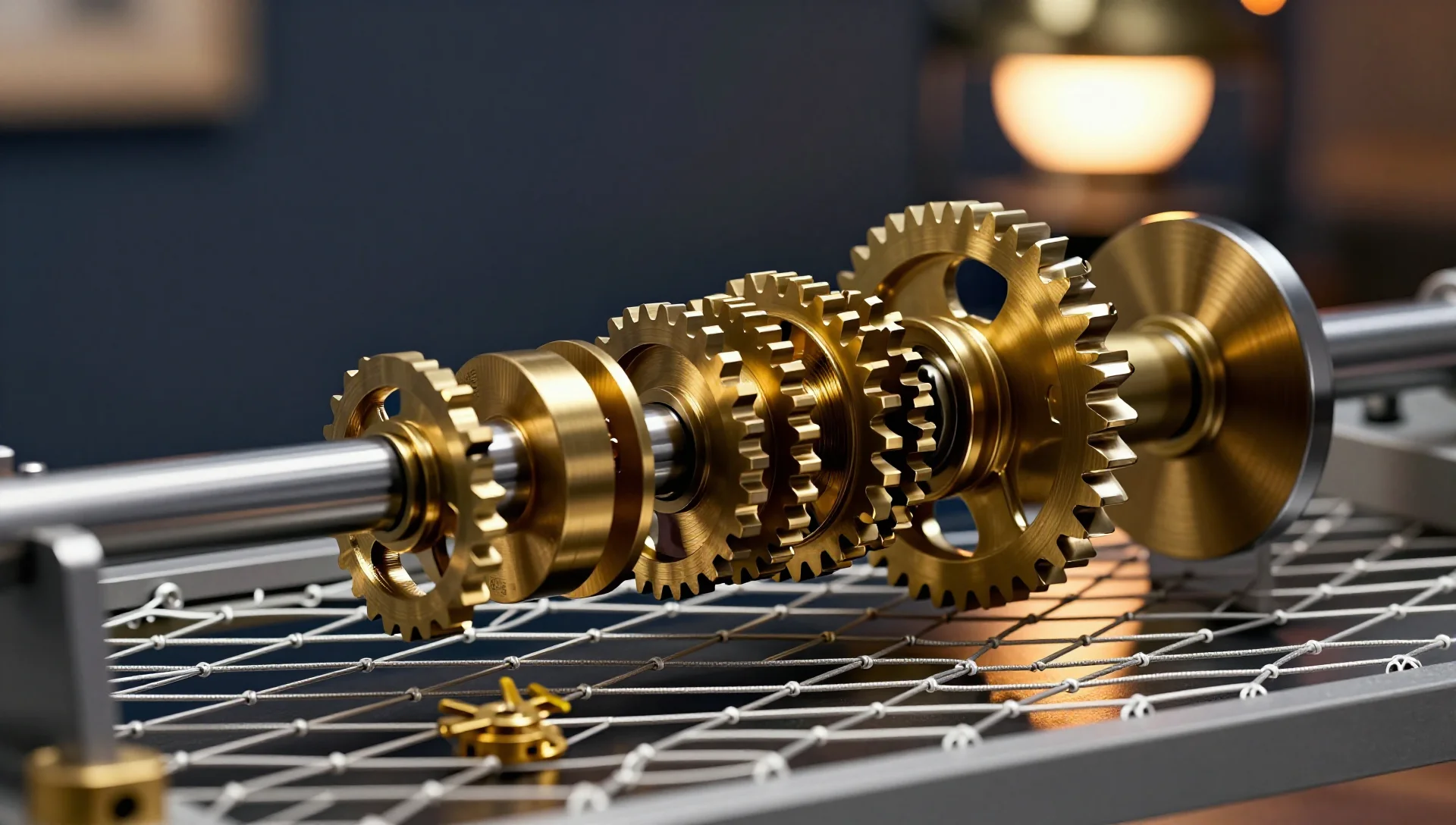 Interlocking gears rolling a module smoothly while a silver safety net catches it below.
