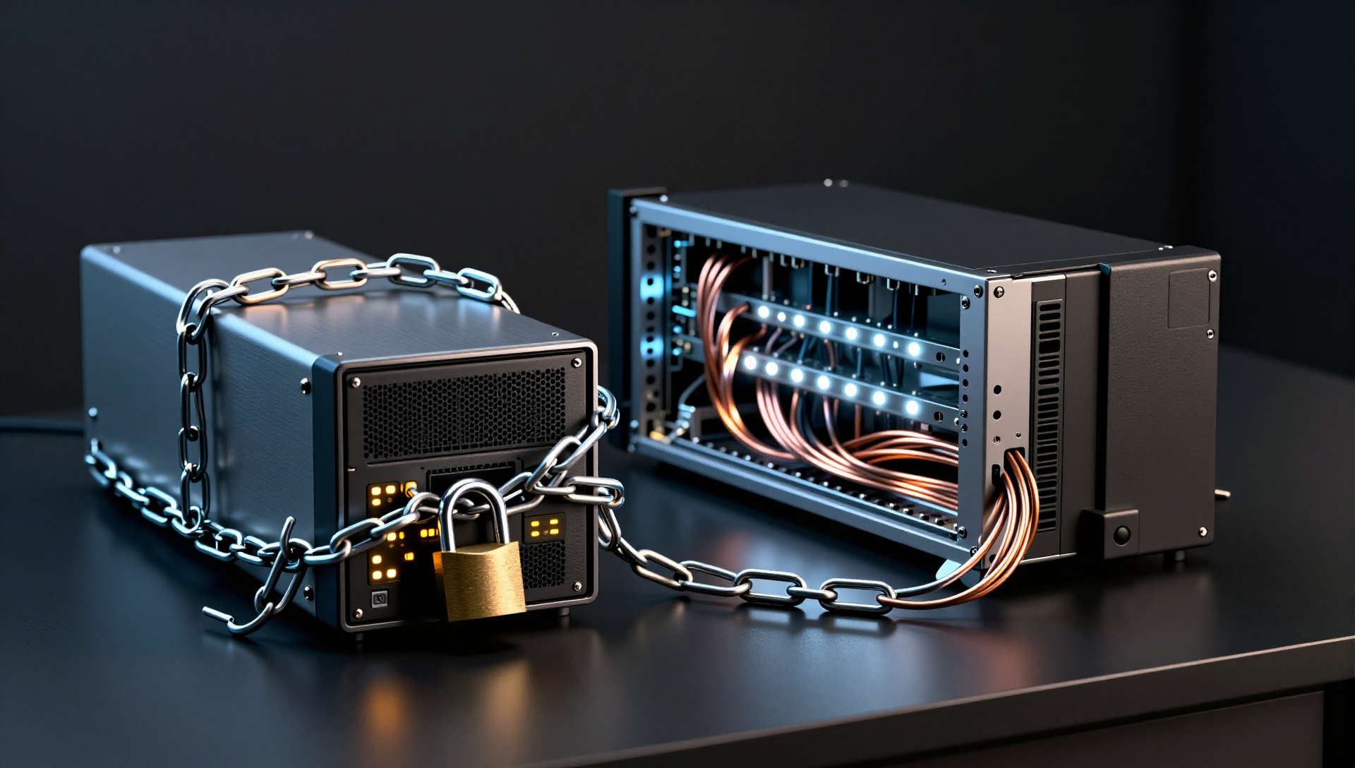 Two server hardware setups on a dark desk, one chained and locked, the other open and free, in dramatic studio lighting.
