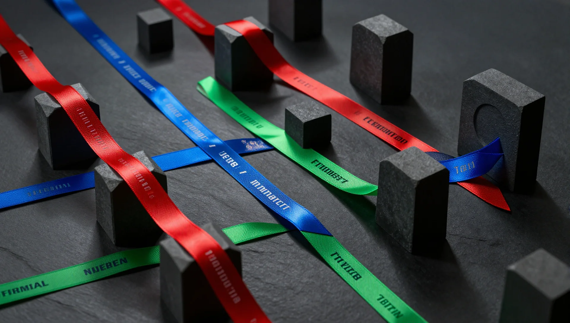 Colored ribbons flowing through stone archways on a dark surface, representing VLANs and firewall segmentation