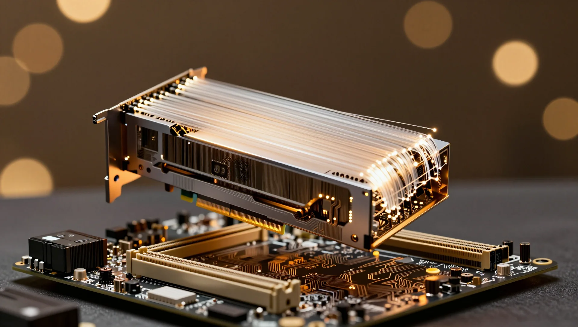 A glowing graphics card suspended above a motherboard with fiber-optic cables connecting them together.