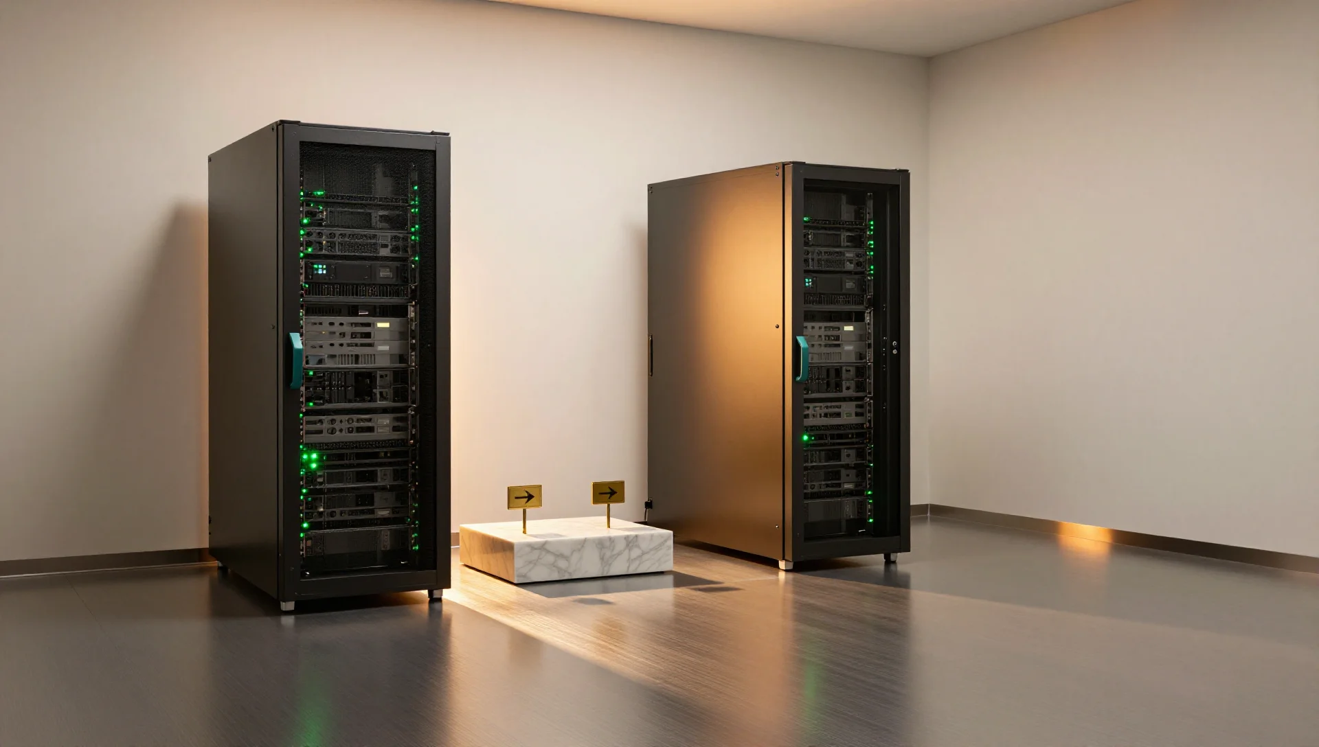 Two sleek server racks stand side by side under warm amber light in a minimalist data hall.