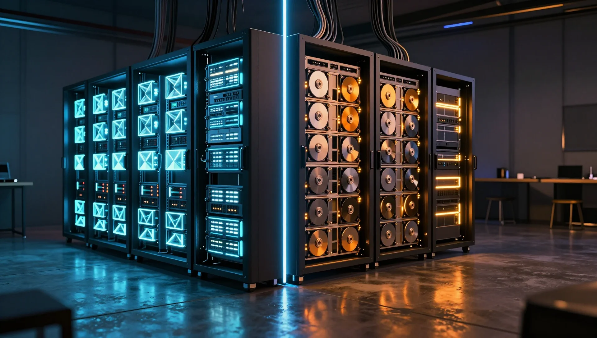 Two contrasting home server rack setups representing a side-by-side comparison of virtualization platforms.