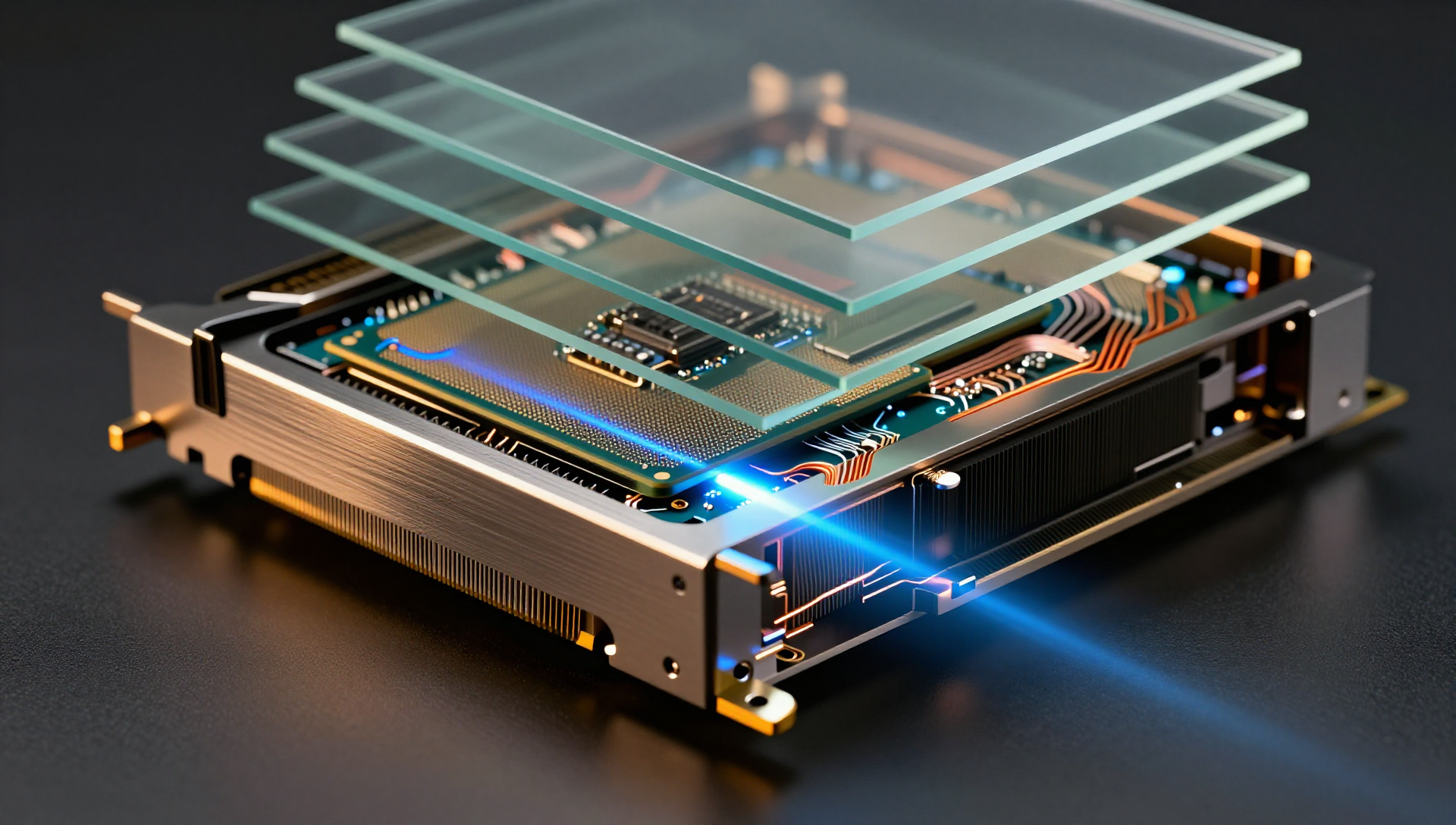 Macro photo of a GPU and CPU with a blue light beam passing through layered frosted glass on a dark studio surface.