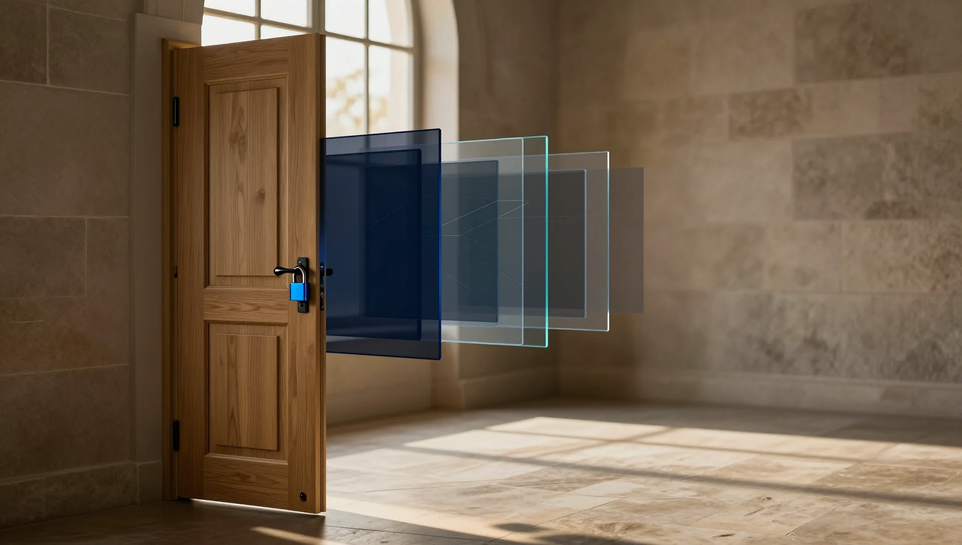 A wooden door with glowing lock and layered glass panels in a sunlit corridor, symbolizing network security.