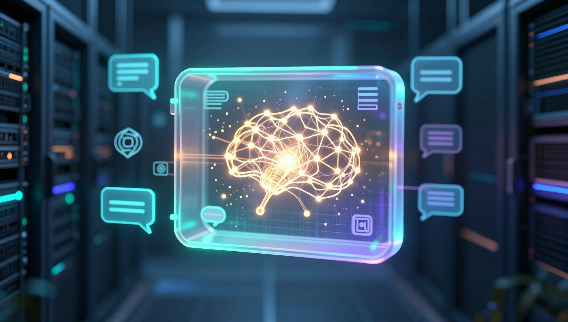 Glowing LXC container with AI neural network inside, orbited by chat platform icons in a dark server room.