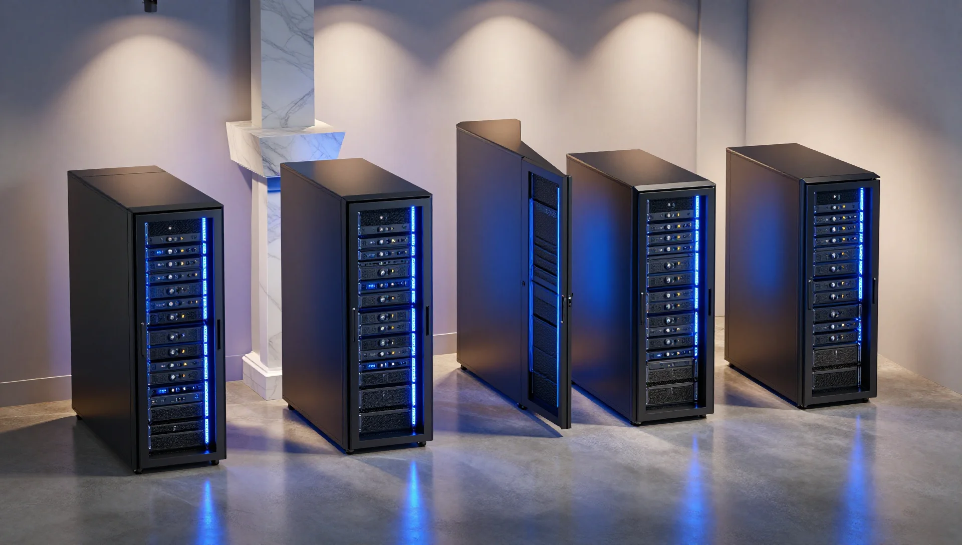 Four server racks standing in a grid pattern on reflective flooring with blue LED strips running up their sides.