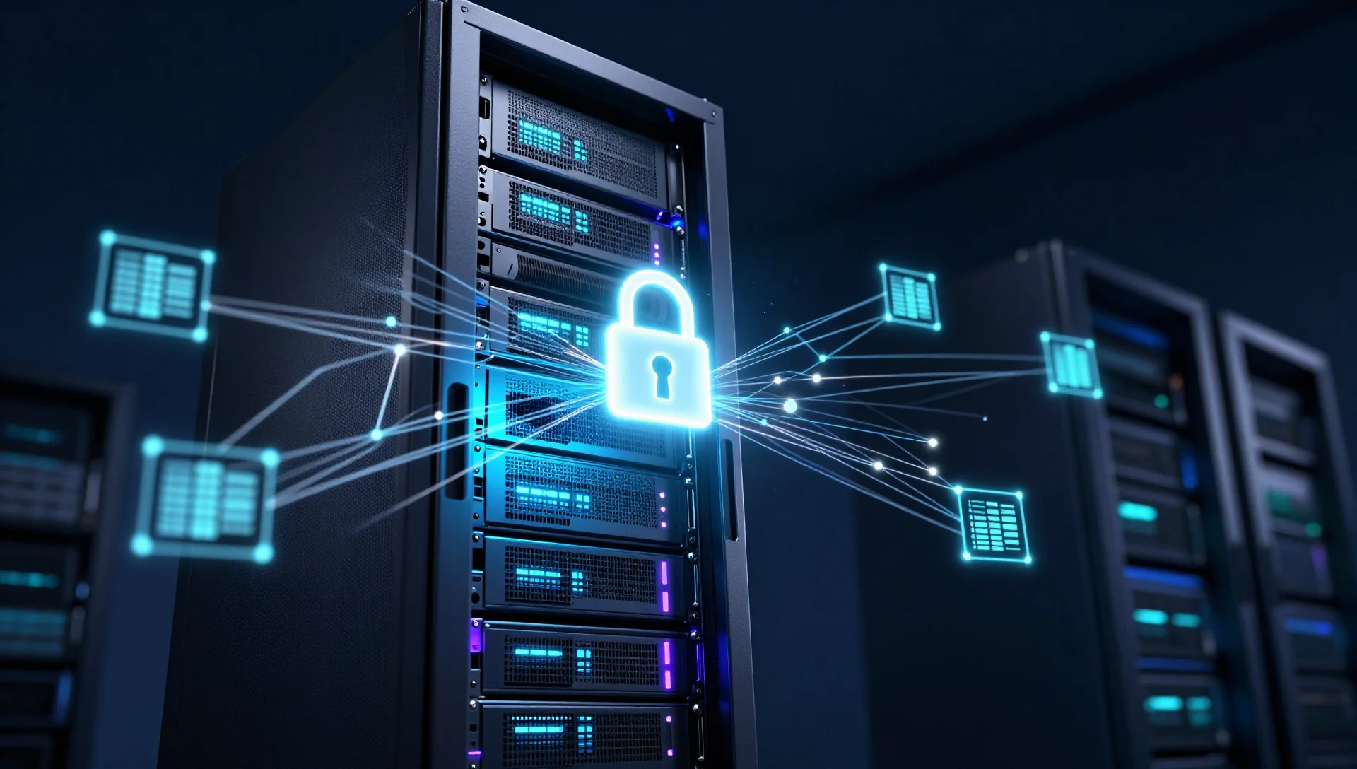 Glowing server rack with holographic network mesh and luminous padlock representing secure remote access.