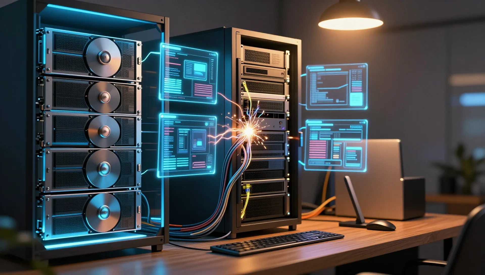 Split homelab scene contrasting NAS storage arrays and virtualization server infrastructure side by side.