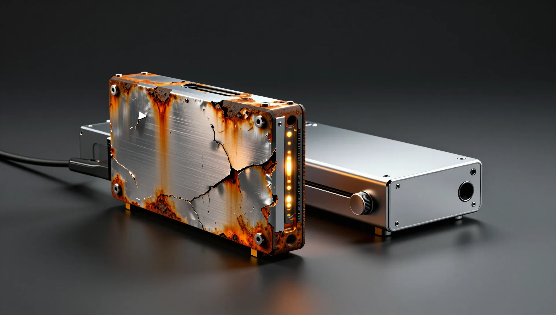 A weathered corroding server module beside a pristine upgraded one, symbolizing accumulating vulnerabilities.
