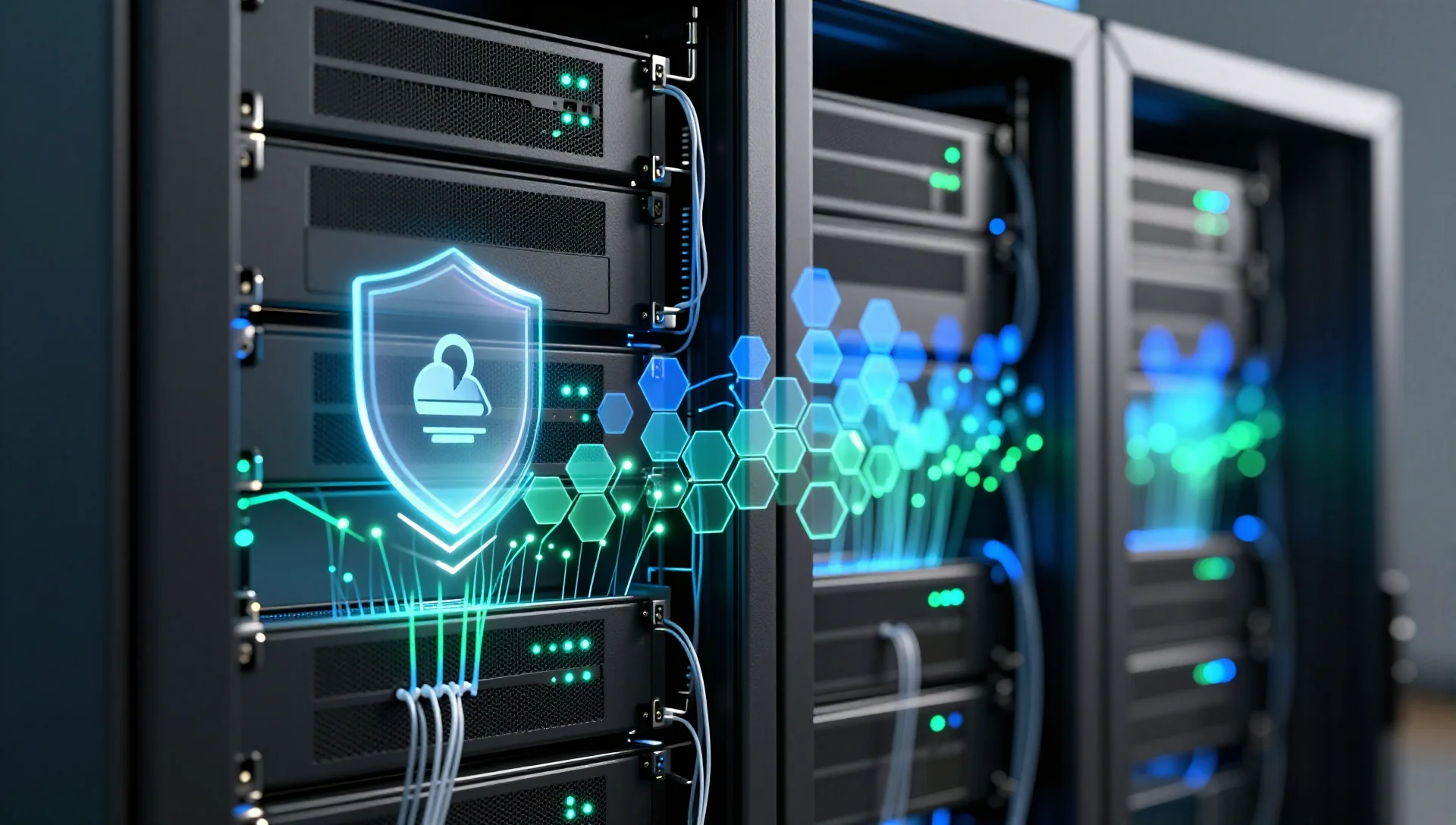 Glowing server rack in a data center with holographic shield representing safe Proxmox cluster upgrade