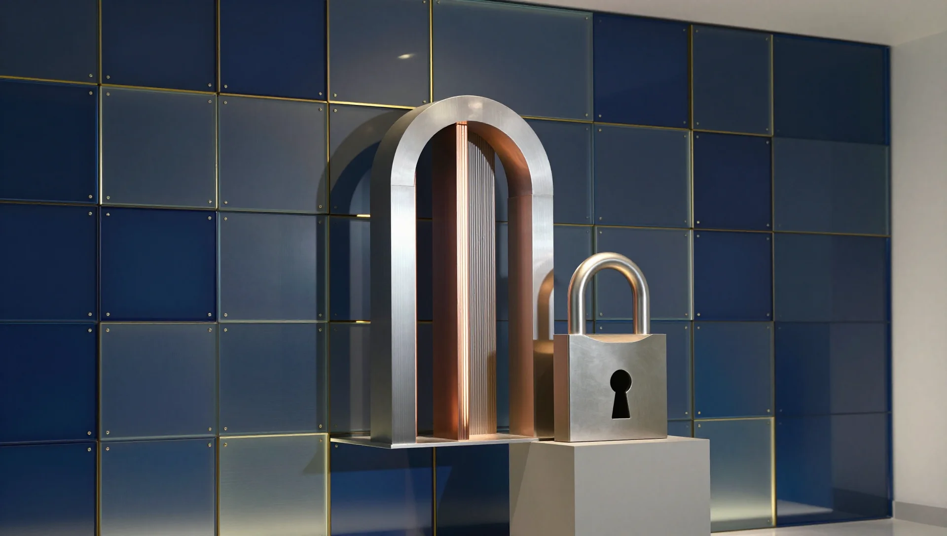 Abstract glass panels divided by brass lines representing network VLANs behind them.