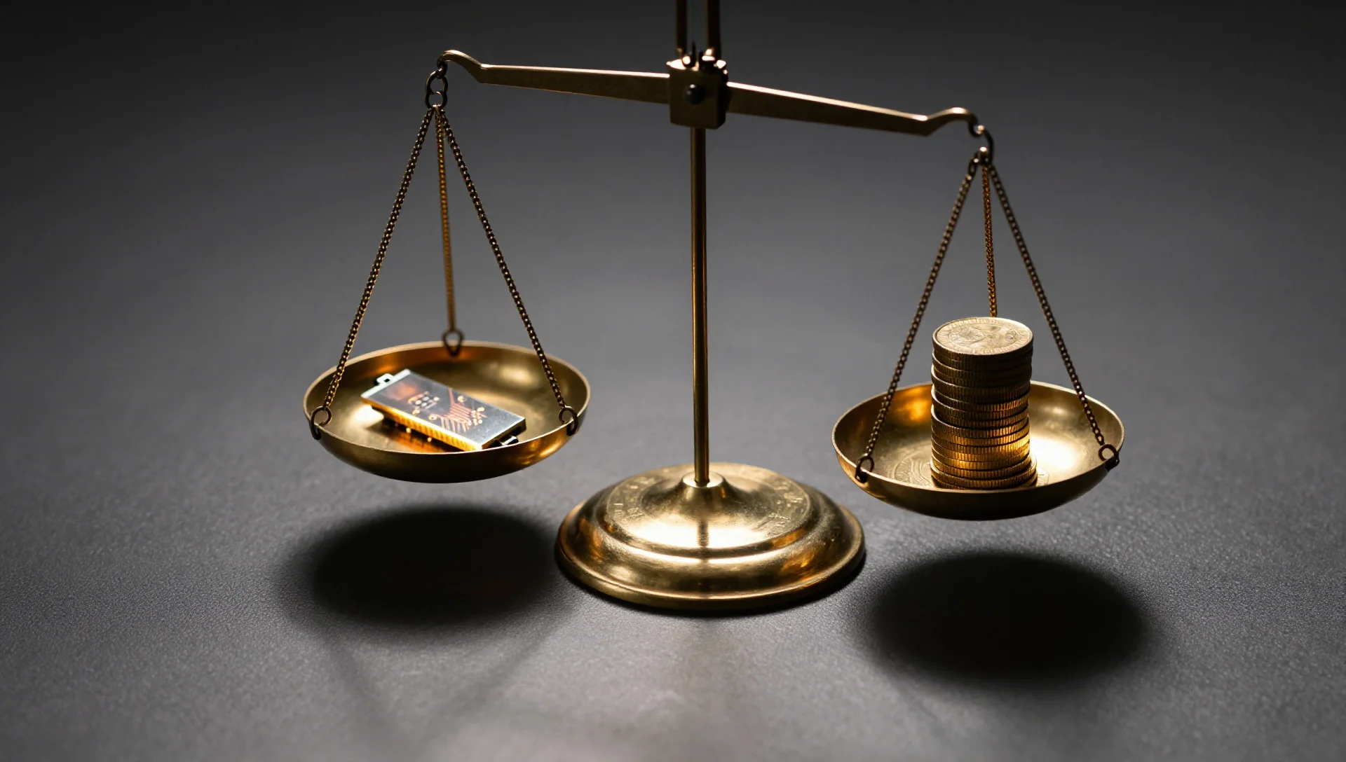 A brass balance scale tipping under a heavy stack of gold coins opposite a single glowing server blade.