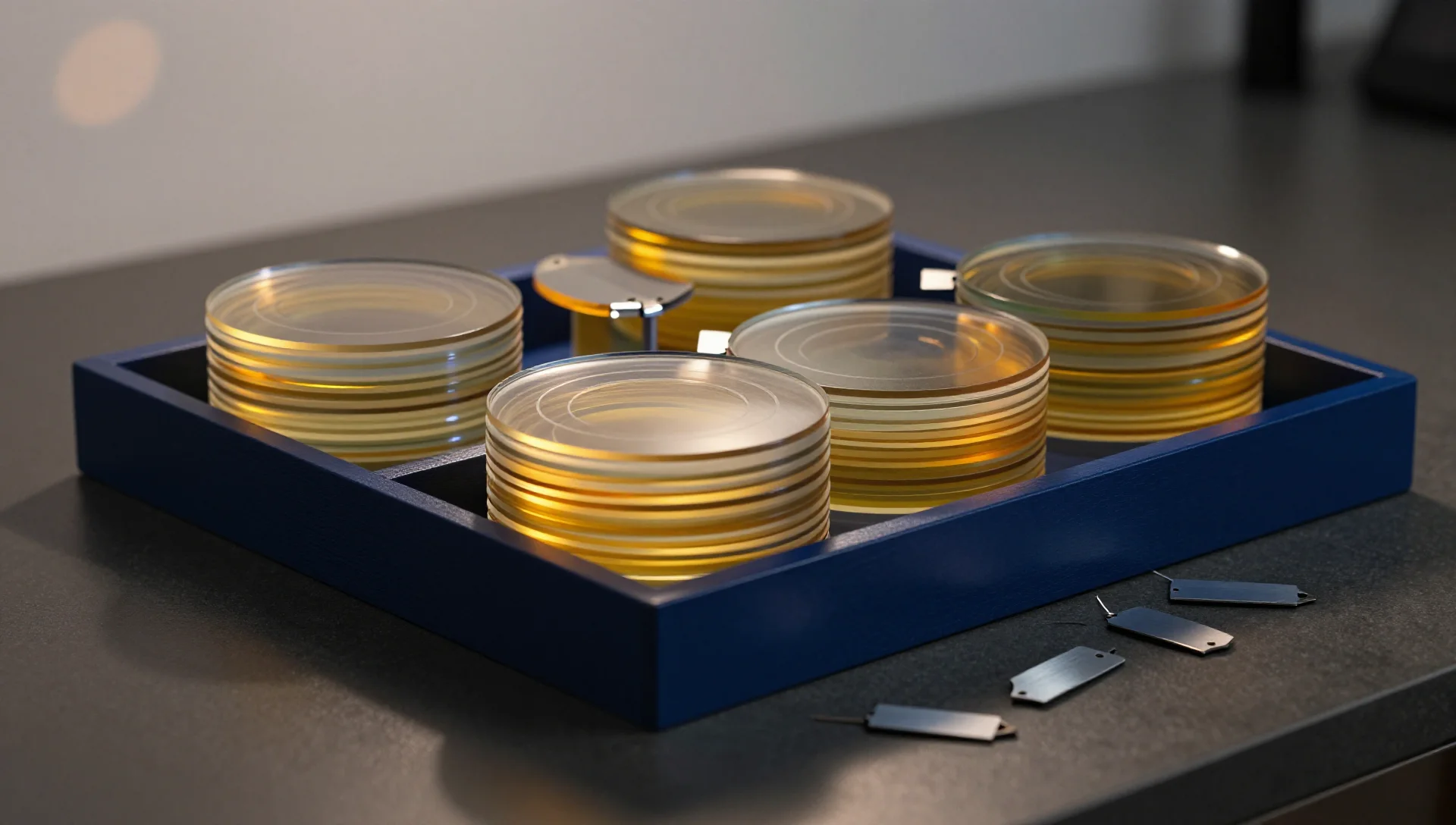 Stacked translucent amber glass plates with concentric circular patterns resting in blue wooden trays beside brushed aluminum server blades.