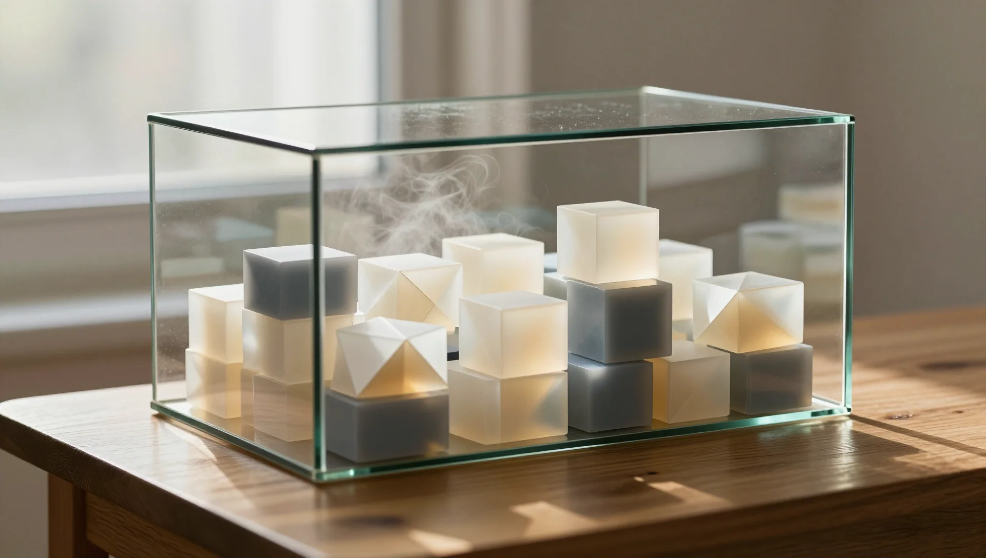 A glass terrarium on wood showing compressed layers of geometric cubes inside a soft misty room.