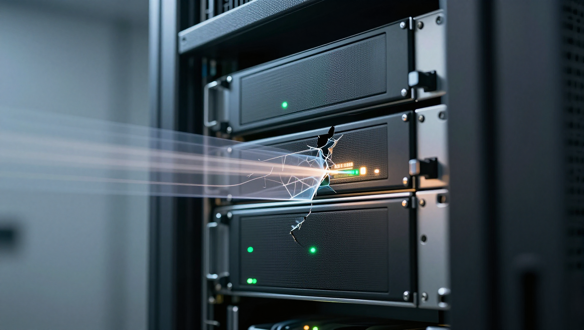 Dark storage hardware with abstract scan beam, cracks, fragments, drifting layers, soft light.